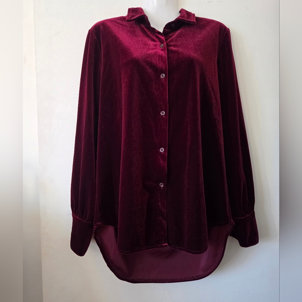 Tribal Deep Cranberry Velour Button Down Tunic Top